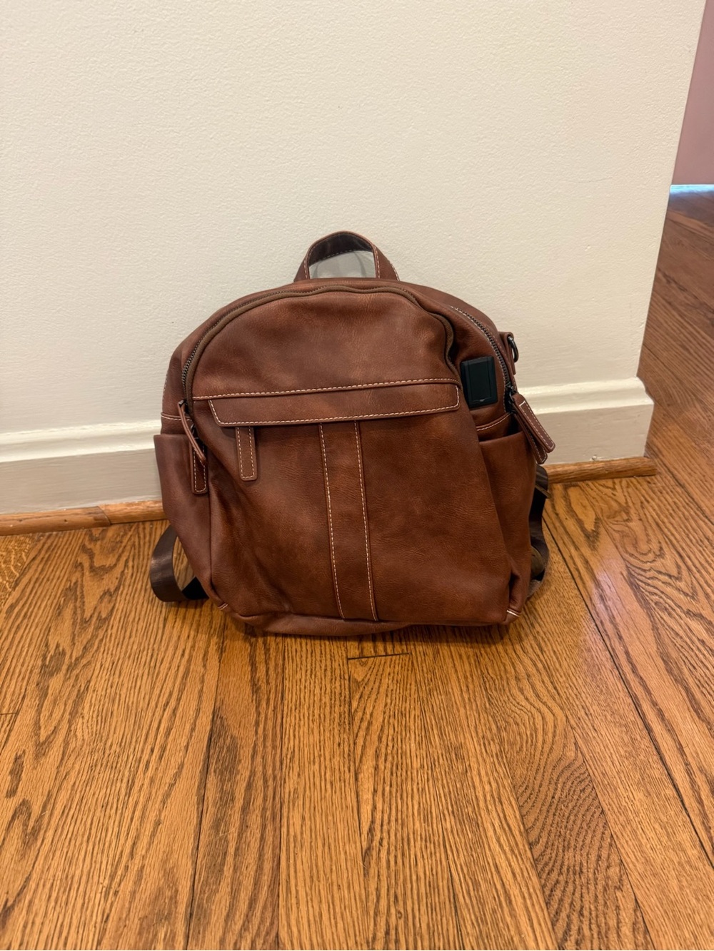 Classic Brown Leather Backpack with Front Pocket